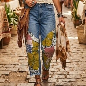 Upcycled Patchwork Boho Barrel Jeans Size 14